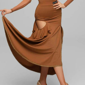 Women's White & Brown Square Neck Long Sleeve Ruffled Latin Dance Dress with Mesh Sleeves