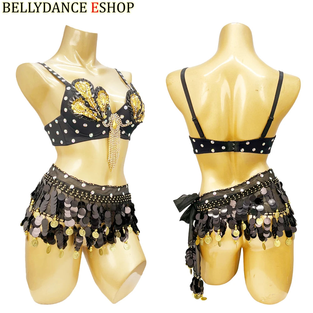 Women's Blue Sequin Beaded Fringe Belly Dance Costume Bra and Belt Set