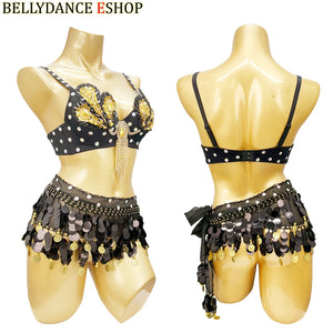 Women's Blue Sequin Beaded Fringe Belly Dance Costume Bra and Belt Set