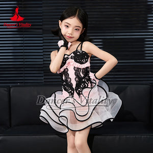 Girls' Pink & Black Lace Ruffle Latin Dance Dress with Gloves