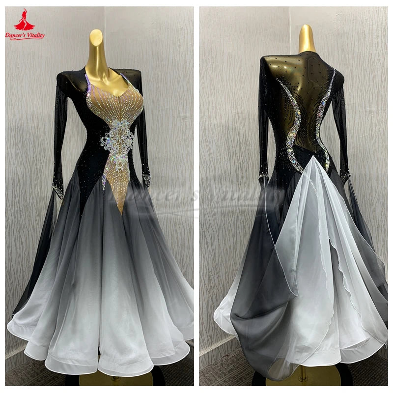 Women's Black and White Ombre Crystal Embellished Mesh Ballroom Dance Dress