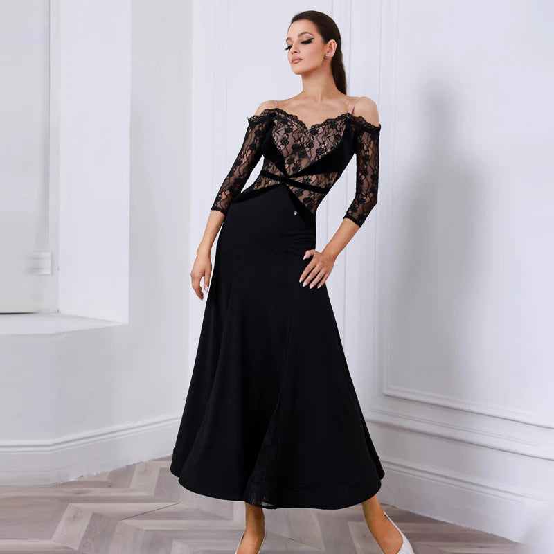 Women's Red Lace Off-Shoulder Ballroom Dance Dress with Three-Quarter Sleeves, Long Skirt