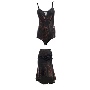 Women's Black & Brown Snakeskin Print Mesh V-Neck Bodysuit & High-Low Skirt Latin Dance Dress