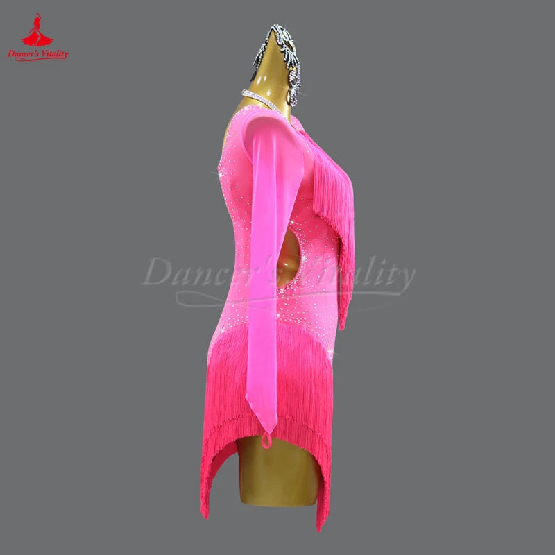 Latin Ballroom Dance Costume With Tassel And Long Sleeves For Adults And Kids Competition