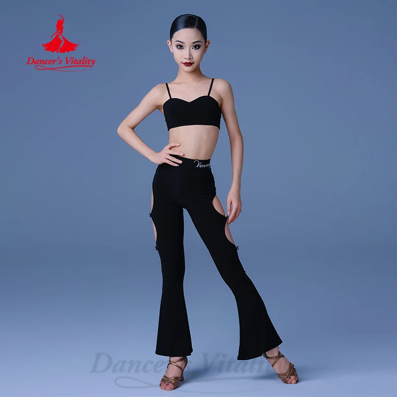 Girls Black Lace Sequin Halter Top and Cut-Out Bell Bottom Pants Latin Dancewear