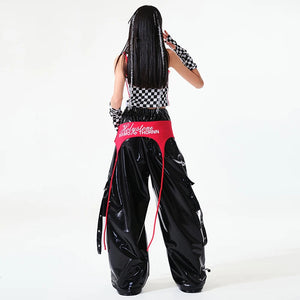 Dance Costume Girls Black White Red Checkered Crop Top Shiny PU Cargo Pants Hip Hop Street Dance