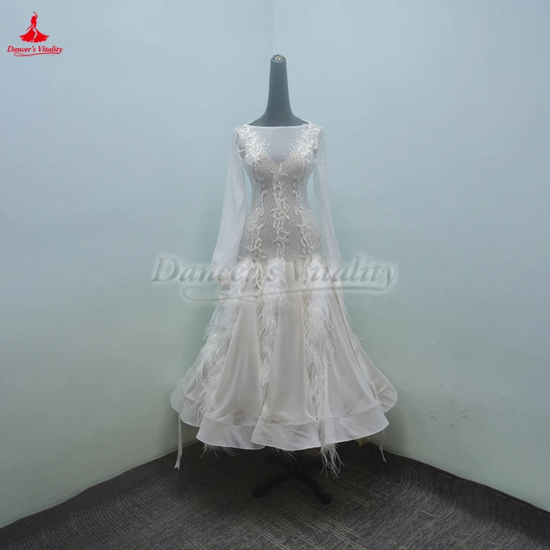Ballroom Dance Dress With Puff Sleeves And Backless, White, For Adult Wedding And Performance