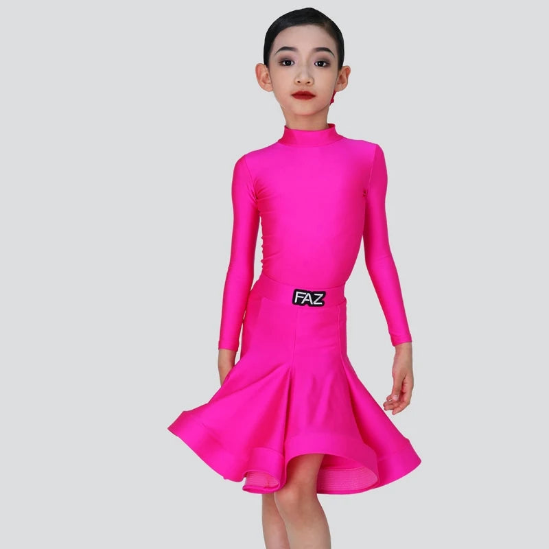 Girls' Pink Long Sleeve Mock Neck Pleated Skirt Latin Ballroom Dance Dress
