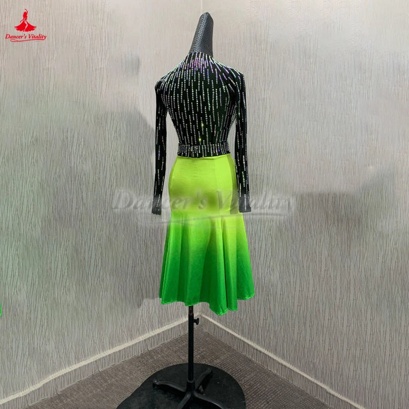 Women's Lime Green Ombre Rhinestone Mesh Latin Dance Dress