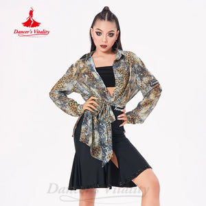 Women's Brown Leopard Print Mesh Tie-Front Long Sleeve Latin Dance Top