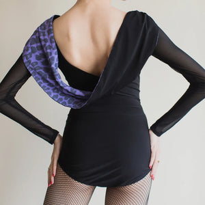 Ballroom Dance Dress Women's Black & Purple Leopard Print Long Sleeve Backless Mesh Panel Standard Smooth Gown