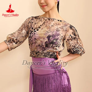 Women's Purple & Black Fringe Latin Dance Skirt Set with Sheer Floral Tops