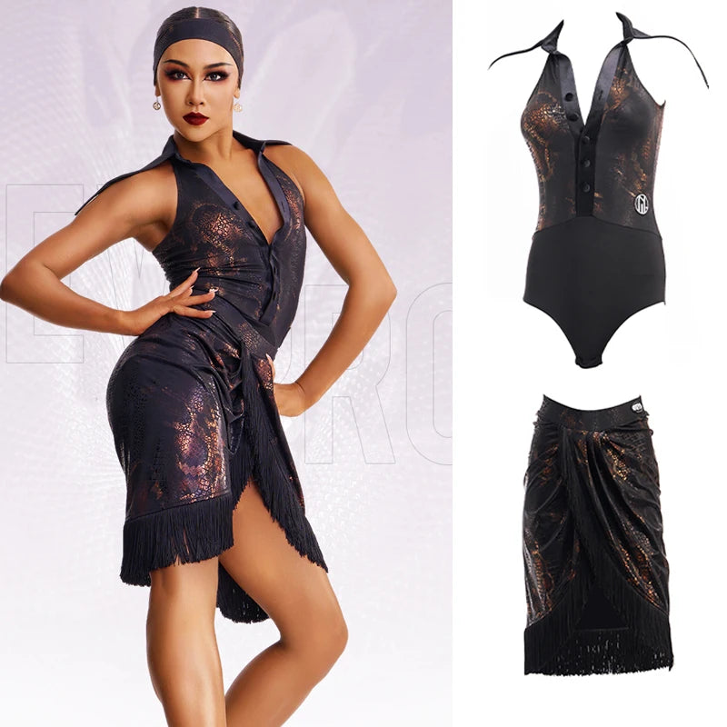 Latin Dance Dress Women's Black & Bronze Halter Fringe Skirt Set Rumba Samba Cha-Cha Ballroom