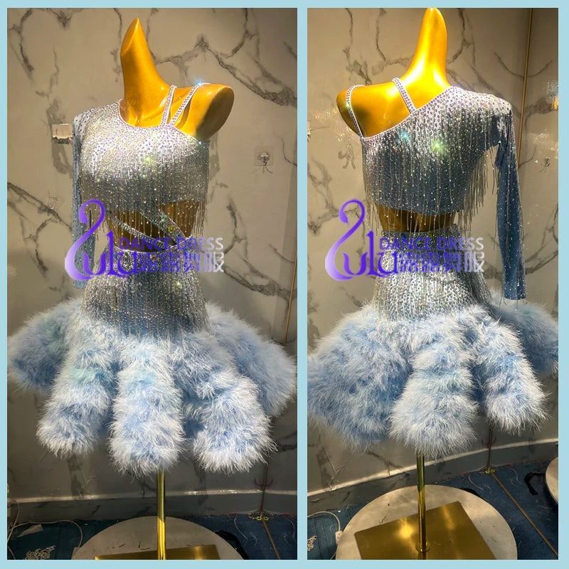 Latin Dance Dress Women's Light Blue Sequin Fringe and Feather Skirt Two-Piece Set