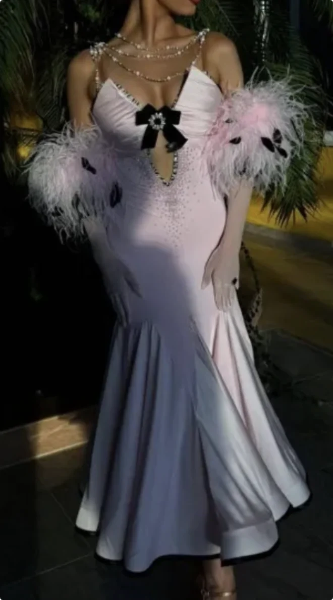 Women's Pink Feathered Sweetheart Neckline Ballroom Dance Dress with Gloves