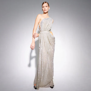 Elegant Silver Sequin One-Shoulder Long Dress with Side Cut-Out for Evening Events