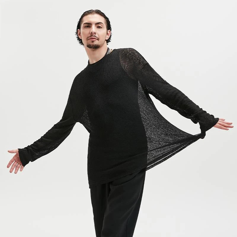 Men's Black Sheer Knit Long Sleeve Loose Fit Dance Top