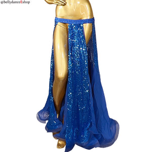 Belly Dance Women's Red Sequin Slit Skirt Chiffon Long Skirt with Elastic Waistband