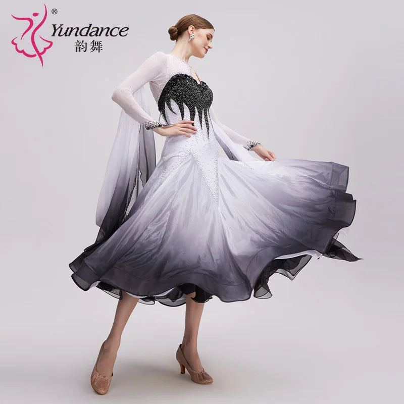 Ballroom Dance Dress International Standard Silk Black White Ombre Pearl-Embellished For Women's Competition