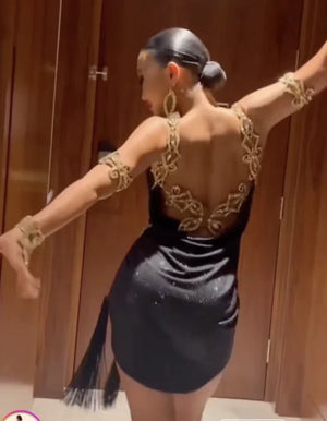 Women's Black & Gold Embellished Satin Latin Dance Dress with Fringe Hem