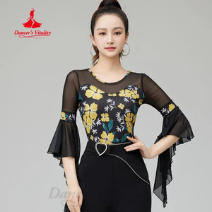 Women's Black & Yellow Floral Mesh Bell Sleeve Latin Dance Top