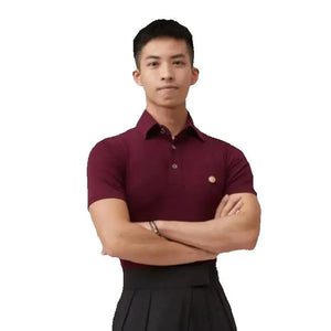 Men's Brown Ribbed Polo Dance Shirt with High-Waisted Pleated Trousers for Latin Ballroom