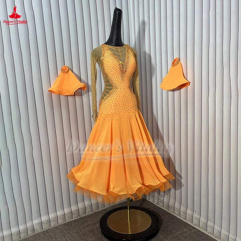 Ballroom Dance Dress With Sheer Mesh Back Light Orange For Women & Girls Competition Waltz Foxtrot Tango