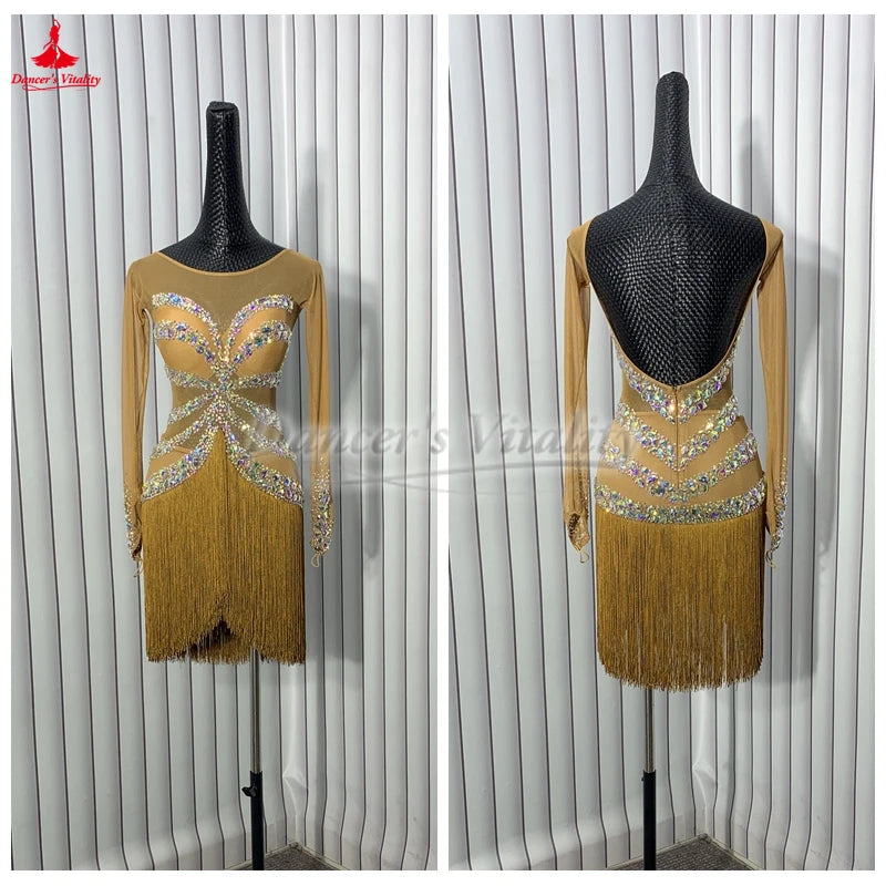 Women's Gold Rhinestone Fringe Latin Dance Dress - Open Back, Long Sleeve, Mesh Bodice