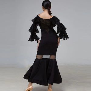 Latin Dance Dress Women Black Lace Ruffle Long Sleeve Sheer Mermaid Hem Lycra Spandex