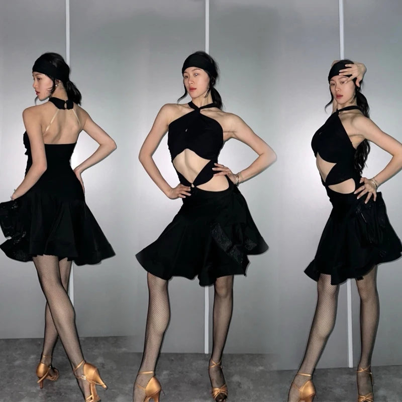 Latin Dance Dress Women's Black Neon Yellow Red Halter Cutout Knot Detail Ruffled Hem Performance Costume