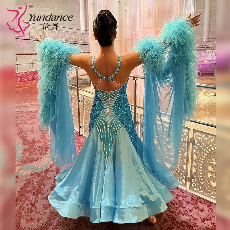 Women's Custom Ballroom Dance Competition Dress With Feather Trim In Stretch Fabric