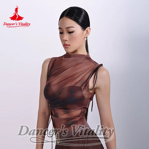 Women's Brown Mesh Sleeveless Tie-Side Fringe Skirt Latin Dancewear Set