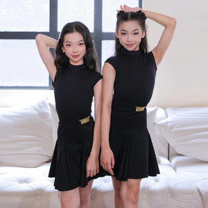 Girls Pink Short Sleeve Mock Neck Ruffle Latin Dance Dress