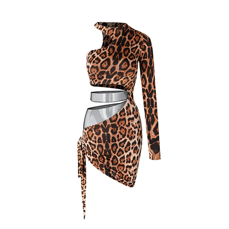 Women's Black & Leopard Print One-Shoulder Cut-Out Bodycon Latin Dance Dress