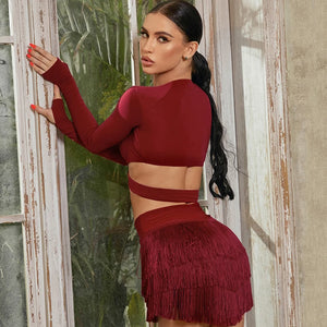 Women's Pink, Brown, Black V-Neck Long Sleeve Crop Top & Fringe Latin Dance Skirt Set