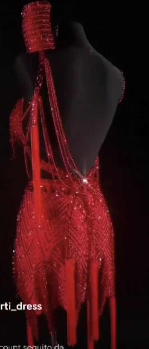 Women's Red Sequin Beaded Fringe Latin Dance Dress