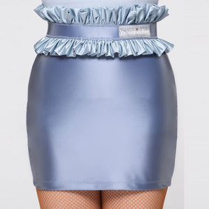 Women's Light Blue & Slate Blue Ruffled Peplum Tank Top & Mini Skirt Set, Mesh Tights, Ballroom Dancewear