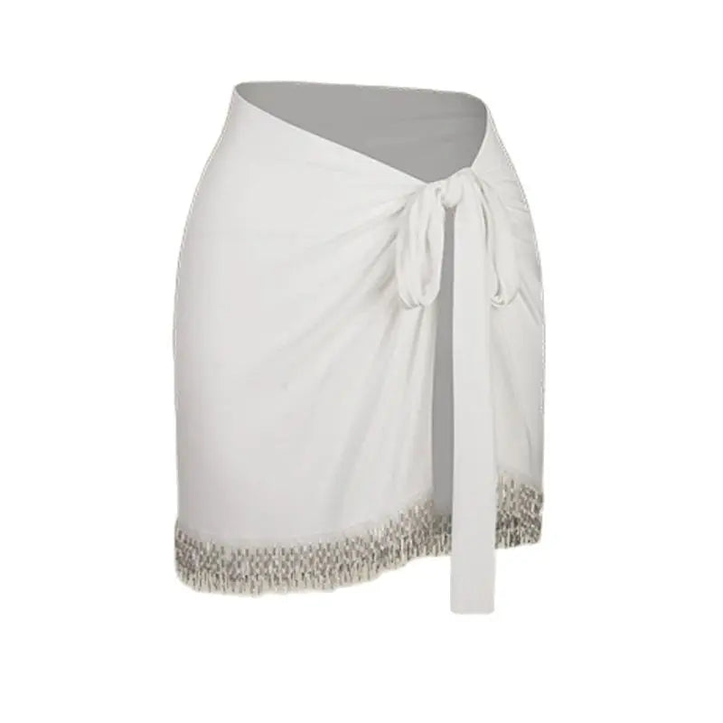 Women's Olive Green Long Sleeve Cutout Bodysuit with Gold Buckle, White Fringe Tie-Waist Skirt, Latin Dancewear