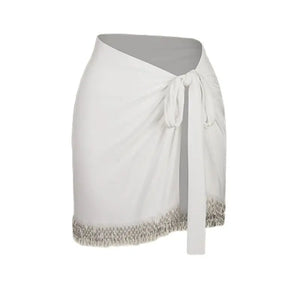 Women's Olive Green Long Sleeve Cutout Bodysuit with Gold Buckle, White Fringe Tie-Waist Skirt, Latin Dancewear