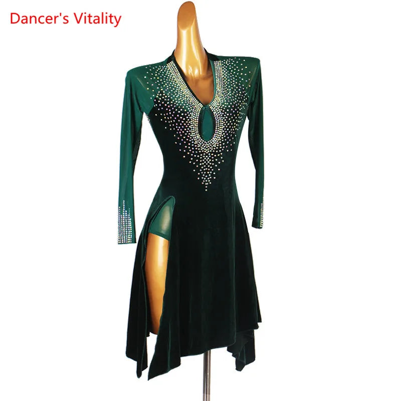 Latin Dance Dress Women Black Rhinestone Mesh Long Sleeve Keyhole Velvet Slit Skirt