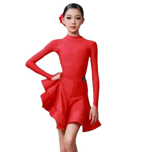 Girls Red Long Sleeve Ruffled Latin Ballroom Dance Dress with Mock Neck