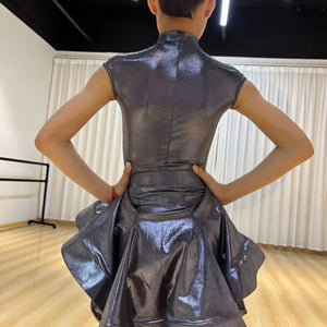 Girls' Silver Shimmer Mock Neck Short Sleeve Ruffled Latin Ballroom Dance Dress