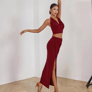 Women's White Halter Neck Draped Cowl Neck High Slit Ruched Maxi Dress for Latin Dance