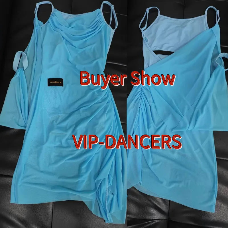 Women's Blue Ruched Draped Mesh Latin Dance Dress