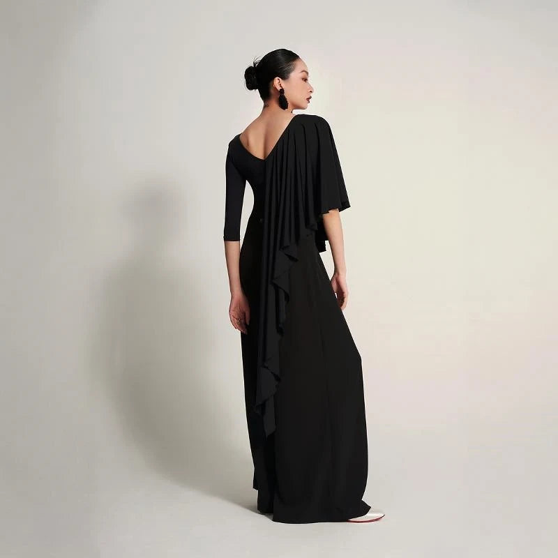 Women's Black V-Neck Long Sleeve Top and Wide-Leg Pants Set, Pleated, Ballroom Dance