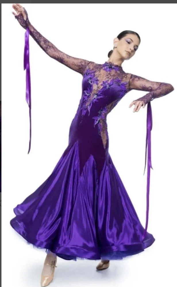 Women's Purple Lace & Velvet Embellished Ballroom Dance Dress