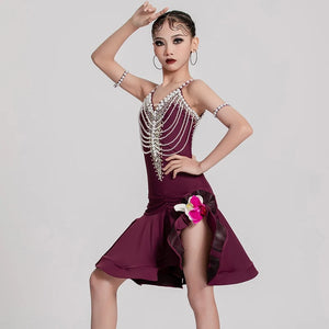 Girls' Burgundy Embellished Beaded Ruffle Latin Dance Dress with Floral Detail