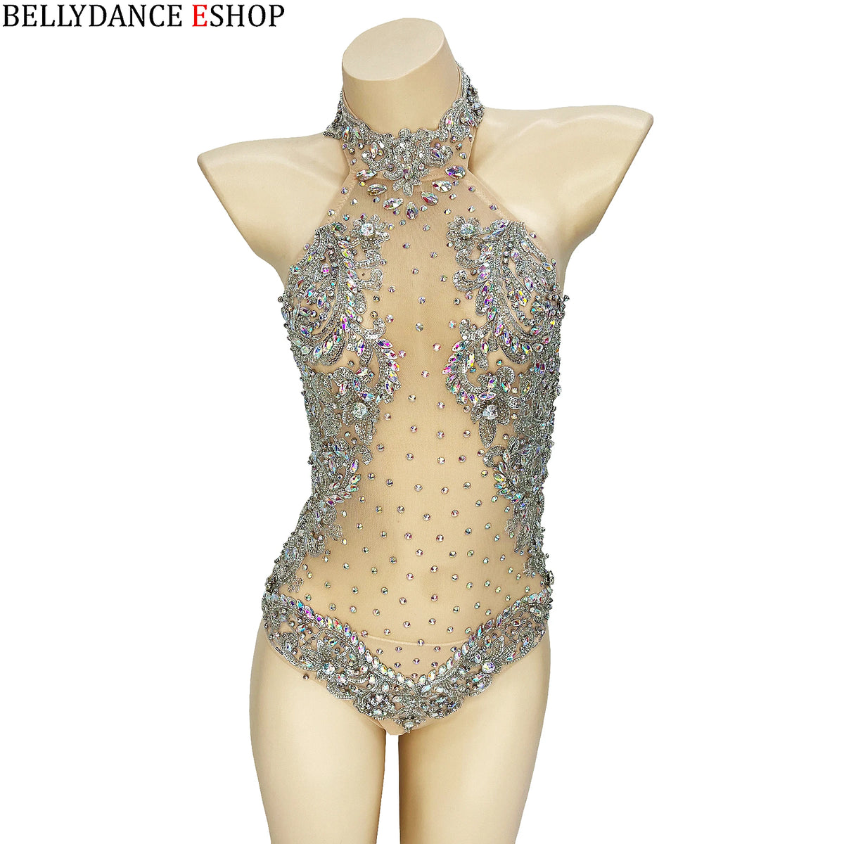 Women's Gold and Green Beaded Halter Neck Bodysuit, Ballroom Dance