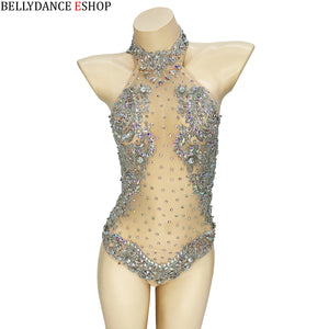 Women's Gold and Green Beaded Halter Neck Bodysuit, Ballroom Dance