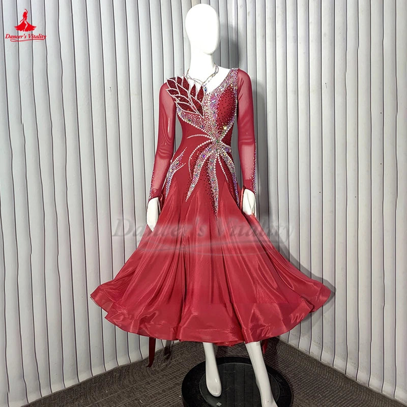 Women's Standard Ballroom Dance Dress With AB Rhinestones And Long Sleeves For Waltz Foxtrot Tango Competition